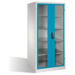 C + P Möbelsysteme Armoire à outils C+P XXL avec portes battantes à fenêtre transparente, 4 tablettes intérieures, H1950xL930xP800mm Façade bleu clair Corps gris clair ; (8924-055 S10109)