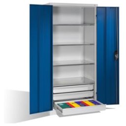 Armoire à outils C+P à portes battantes, 4 tablettes et 3 tiroirs, H1950xL930xP600mm Façade bleu gentiane Corps gris clair ; C + P Möbelsysteme (8922-503 S10099)