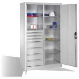 Armoire à outils C+P avec portes battantes, 6 tablettes, 8 tiroirs, H1950xL1200xP500mm, gris clair ; C + P Möbelsysteme (8931-305 S10154)