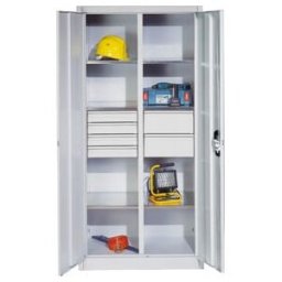 Armoire à outils C+P avec portes battantes, 6 tablettes, 6 tiroirs, H1950xL930xP500mm Façade gris clair Corps gris clair ; C + P Möbelsysteme (8921-3041 S10151)