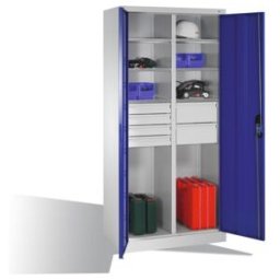 Armoire à outils C+P à portes battantes, 6 tablettes, 6 tiroirs, H1950xL930xP500mm Façade bleu gentiane Corps gris clair ; C + P Möbelsysteme (8921-3041 S10152)