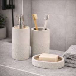 Ensemble D'Accessoires De Salle De Bain 3 PièCes Gedy Afrodite Line En Ciment Gris Et Bambou