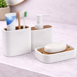 Ensemble De 3 Accessoires En Bambou Gedy, Blanc Mat, Gamme Ninfea