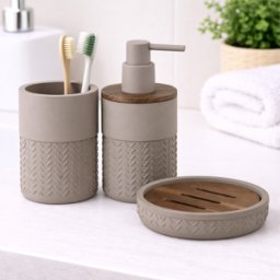 Ensemble De 3 Accessoires De Salle De Bain Gedy En Bambou Et Résine, Gris, Collection Thea Line