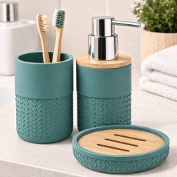 Ensemble De 3 Accessoires De Salle De Bain Gedy Thea Line En Bambou Et Résine Verte