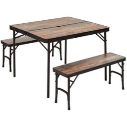 Trigano - Set de mobilier de camping - Table Bois Flotté + 2 Bancs en Bois - Marron