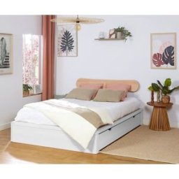 Ma Chambre d'Enfant Lit adulte avec sommier Uma et tête de lit Wika Blanc et bois 140x200 cm