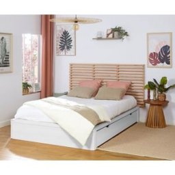Ma Chambre d'Enfant Lit ado avec sommier Uma et tête de lit Elvy Blanc et bois 140x200 cm