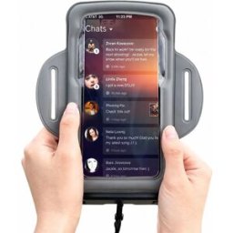 INF Brassard de téléphone étanche IPX8 avec fenêtre tactile transparente et bande PVC élastique réglable Gris