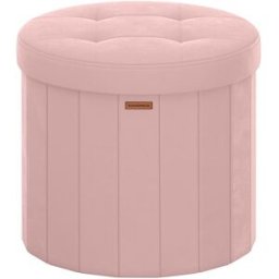 SONGMICS Tabouret de rangement rond pliable avec couvercle, Rose Bonbon / Tissu Velours