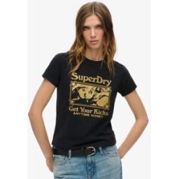 Superdry Femme T-shirt Ultra-ajusté Pop Archive Noir et Doré Imprimé de la Marque, Taille: 42 Taille: 42