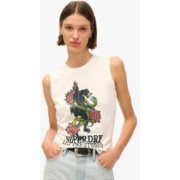 Superdry Femme Débardeur à Strass Effet Tatouage Crème Taille: 36