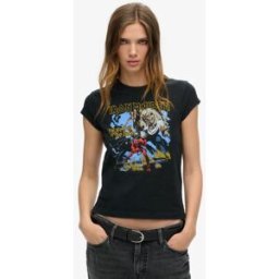 Superdry Femme, T-Shirt Imprimé à Mancherons Iron Maiden X, Noir, Taille: 38