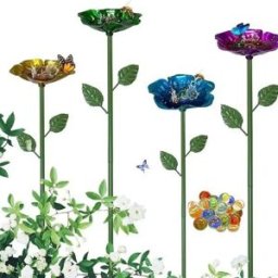 INF Abreuvoir pour oiseaux avec 4 tasses à boire pour insectes et décoration florale en métal - Abreuvoir en fer multicolore