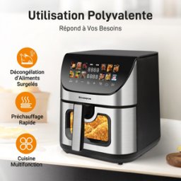 NIKYPJ Friteuse Sans Huile Xxl 8.5l 1800w, Airfryer Avec Fenêtre Transparente Et Écran Tactile, 12 Programmes, Noir