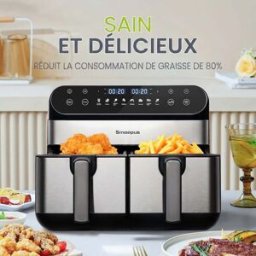 NIKYPJ Friteuse Sans Huile 10l Xxl, Air Fryer Double Bac 2400w, Écran Tactile Led, 8 Programmes, Cuisson Indépendante Pour Famille