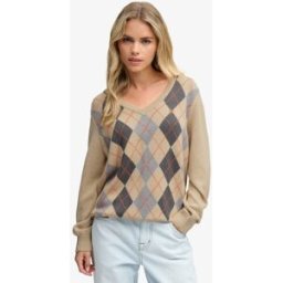 Superdry Femme Pull Argyle col V Coupe Décontractée Beige Taille: 40