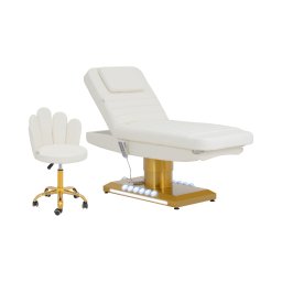 Table de massage électrique avec tabouret roulant - 3 moteurs - 300 W - 188 x 70 x 59 - 80 cm - 200 kg - blanc/doré