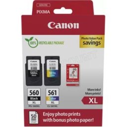 Pack 2 cartouches d'encre Canon PG-560XL/CL-561XL Photo Value Pack (Noir + Couleurs) + 50x Papiers photo