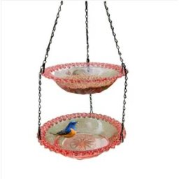 INF Mangeoire et bain d'oiseaux suspendu double couche, plastique rose avec chaîne métal - Bain suspendu 2 niveaux pour