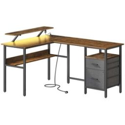 VASAGLE Bureau en L avec multiprise avec rehausseur d'écran, Marron Rustique