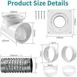 INF Kit embout ventilation 90 degrés pour sèche-linge – Acier inoxydable, PP et aluminium, inclut gaine aluminium 1.5m