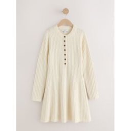 Next Ecru Ribbed Knit Henley Mini Dress Ecru L Regular (EU 44-46)