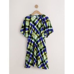 Next Green/Blue Check Print Puff Sleeve Mini Dress Green/Blue Check Print EU 40 Tall (UK 12 T)