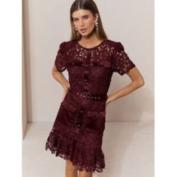 Lipsy Lipsy Burgundy Lace Diamante Button Belted Mini Dress Burgundy EU 34 (UK 6)