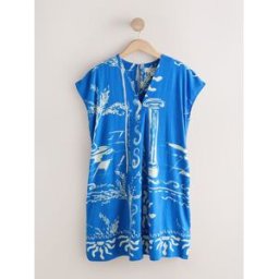 Next Robe mini-robe caftan en mélange de lin Manche courte à col en V Bleu imprimé grec EU 44 Petite (UK 16 P)