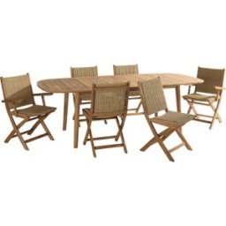 Macabane - Ensemble de salon de jardin 6 places Cancun - 1 Table de jardin extensible en acacia huilé - 4 chaises et 2 fauteuils pliants - Beige OS
