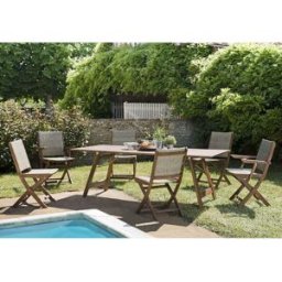 Macabane - Ensemble 1 table extensible & 4 chaises pliantes + 2 fauteuils pliants Porto Vecchio beige/bois - 180/240x100x75 cm OS