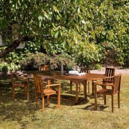 Macabane - Ensemble de jardin 1 table extensible + 6 fauteuils empilables Maeva teck huilé OS