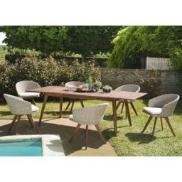 Macabane - Ensemble 1 table extensible & 6 fauteuils Bali beige/bois - 180/240x100x75 cm OS