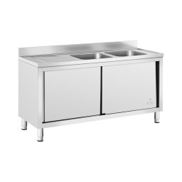 Plonge inox sur meuble - 2 bacs - Royal Catering - Acier inoxydable - 160 x 60 cm