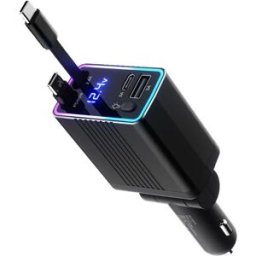 INF Chargeur voiture rétractable 120 W à double interface, PD3.0, QC3.0, voyant RGB et câble de 80 cm Le noir