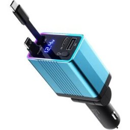 INF Chargeur voiture rétractable 120 W à double interface, PD3.0, QC3.0, voyant RGB et câble de 80 cm Bleu