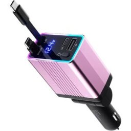 INF Chargeur voiture rétractable 120 W à double interface, PD3.0, QC3.0, voyant RGB et câble de 80 cm Rose