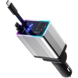 INF Chargeur voiture rétractable 120 W à double interface, PD3.0, QC3.0, voyant RGB et câble de 80 cm Argent