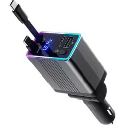 INF Chargeur voiture rétractable 120 W à double interface, PD3.0, QC3.0, voyant RGB et câble de 80 cm Gris