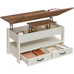 VASAGLE Table basse relevable avec rangements et tiroirs, Marron Miel + Blanc Rustique