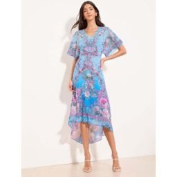 Lipsy Lipsy V-Neck Floral Fit And Flare High Low Midi Dress bleu FR 48 (EU 46)
