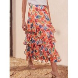 BHOEM Jupe mi-longue en mousseline à volants imprimé floral orange FR 38 (EU 36)