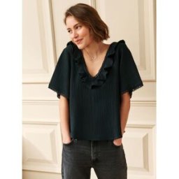 Laura Ashley Laura Ashley Ruffle Short Sleeve Linen Blend Top Noir FR 48 (EU 46)