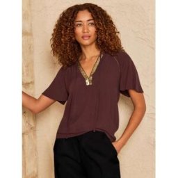 Love & Roses Love & Roses Sequin Trim V-Neck Short Sleeve Blouse Brun FR 52 (EU 50)