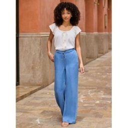 Sosandar Sosandar Soft Denim Drawstring Waist Wide Leg Trousers bleu FR 40 Long (EU 38 L)
