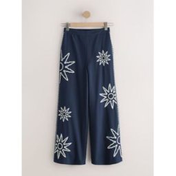 Next Pantalons Ample brodé Sun en Lin mélangé bleu FR 36 (EU 34)