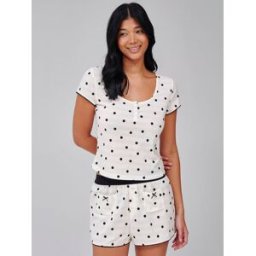 Loungeable Loungeable Polka Dot Ribbed Button Top And Boxer Shorts Pyjama Set crème XS (FR 36)