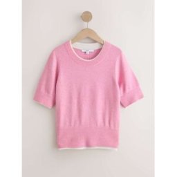 Next Haut en maille à manches courtes ultra-doux à double bordure Rose S Regular (FR 38-40)