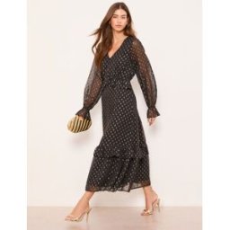 Lipsy Robe mi-longue métallisée à pois Lipsy, col en V et à volants Noir FR 40 (EU 38)